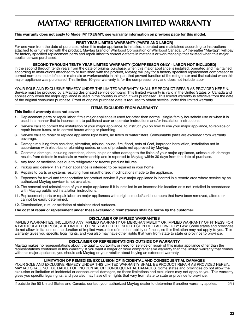 Maytag, Refrigeration limited warranty | Maytag W10359302A User Manual | Page 23 / 74
