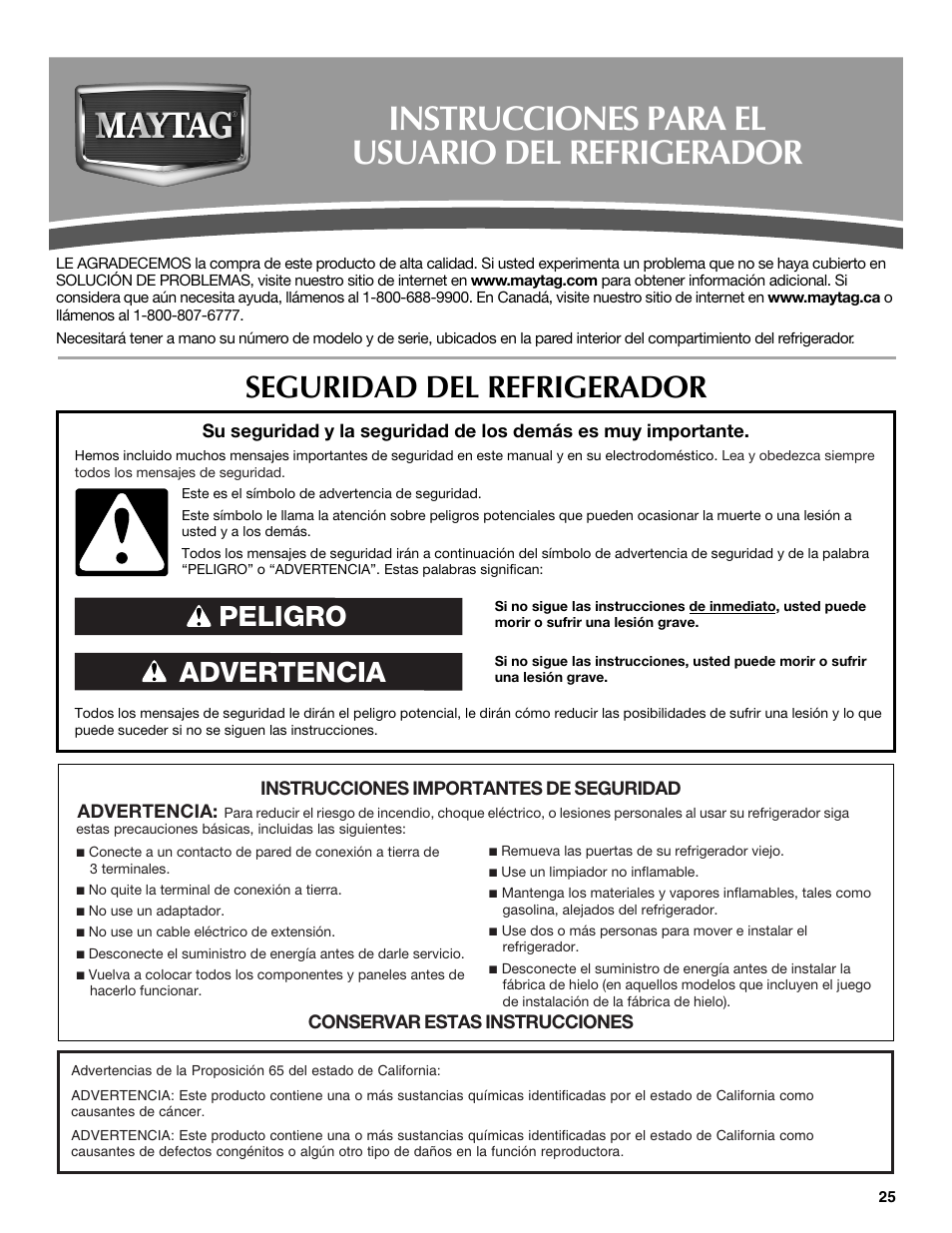 Instrucciones para el usuario del refrigerador, Seguridad del refrigerador, Advertencia peligro | Maytag W10359302A User Manual | Page 25 / 74