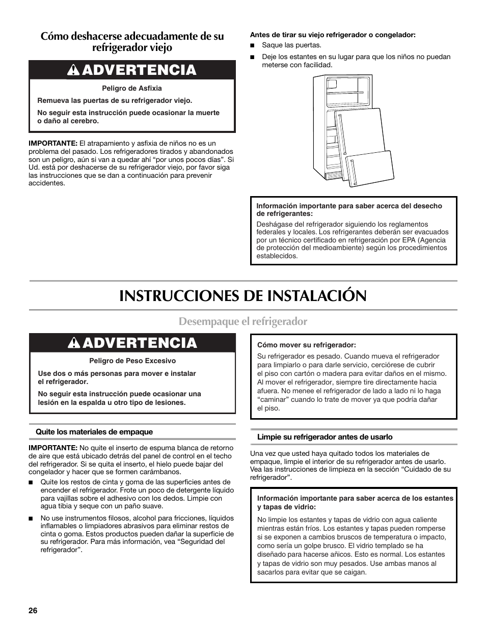 Instrucciones de instalación, Advertencia, Desempaque el refrigerador | Maytag W10359302A User Manual | Page 26 / 74