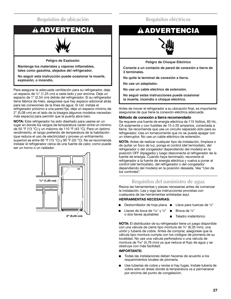 Advertencia, Requisitos de ubicación, Requisitos eléctricos | Requisitos del suministro de agua | Maytag W10359302A User Manual | Page 27 / 74