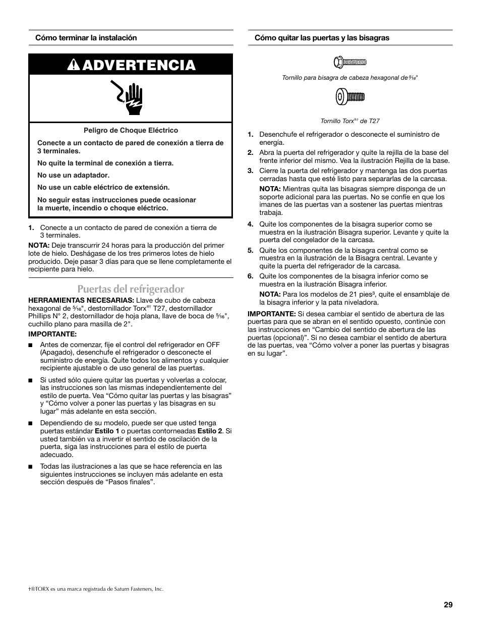 Advertencia, Puertas del refrigerador | Maytag W10359302A User Manual | Page 29 / 74