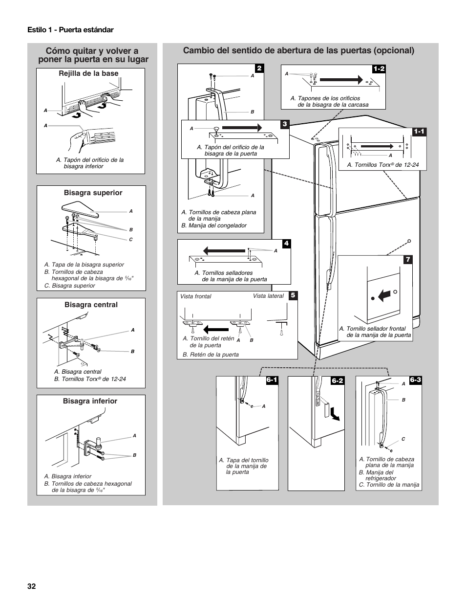32 estilo 1 - puerta estándar, Bisagra superior bisagra inferior, Rejilla de la base | Bisagra central | Maytag W10359302A User Manual | Page 32 / 74