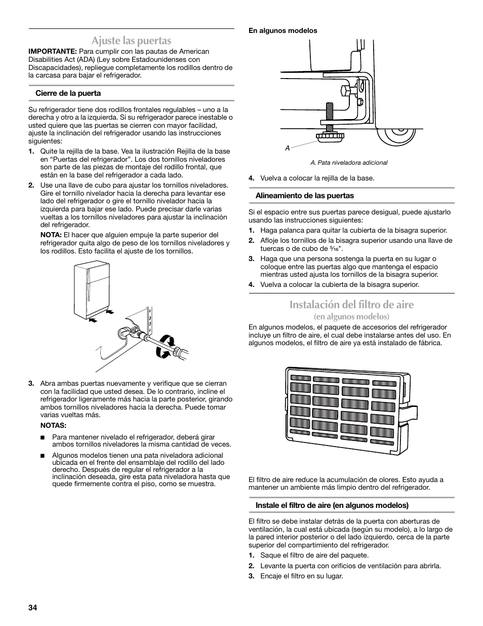 Ajuste las puertas, Instalación del filtro de aire | Maytag W10359302A User Manual | Page 34 / 74