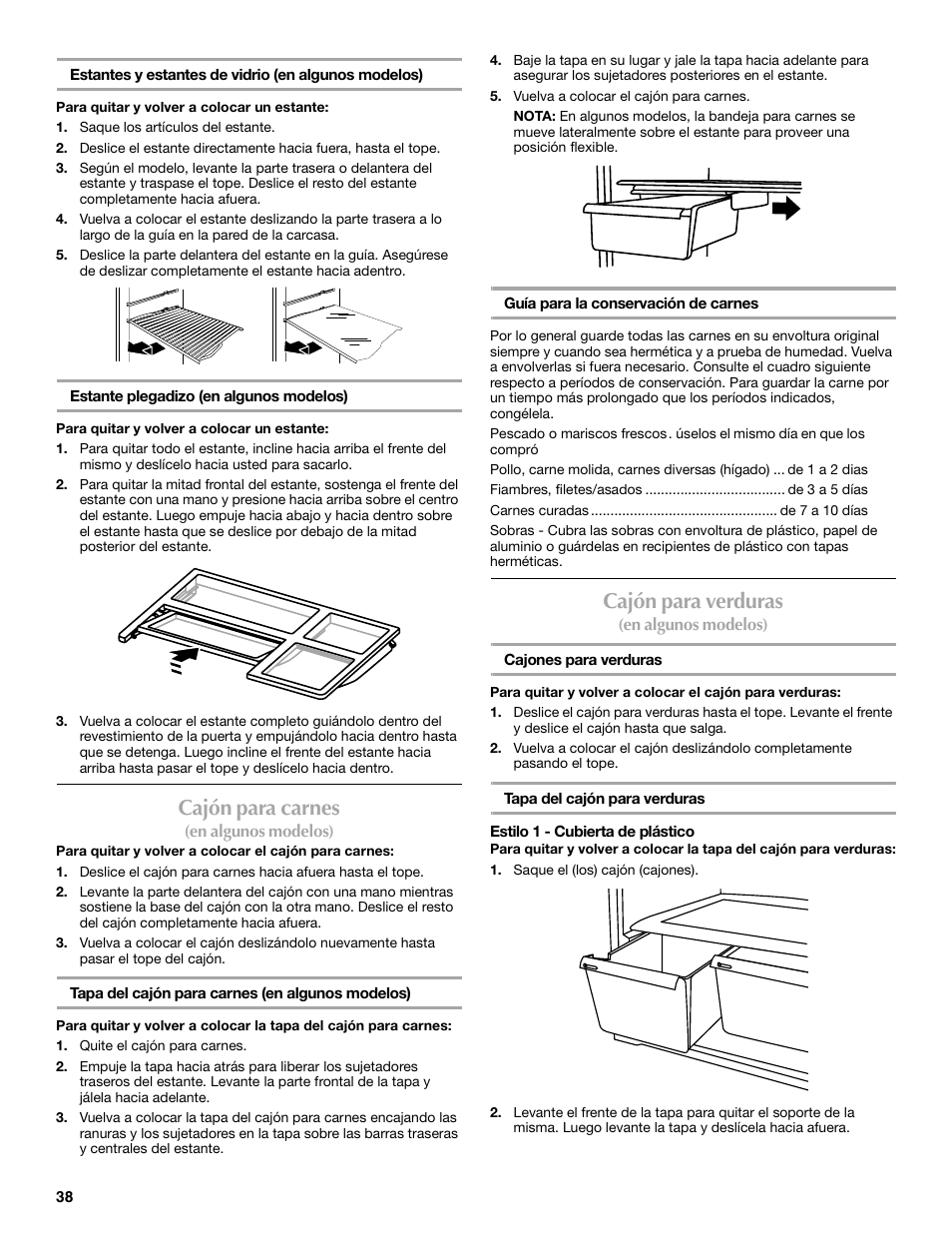 Cajón para carnes, Cajón para verduras | Maytag W10359302A User Manual | Page 38 / 74