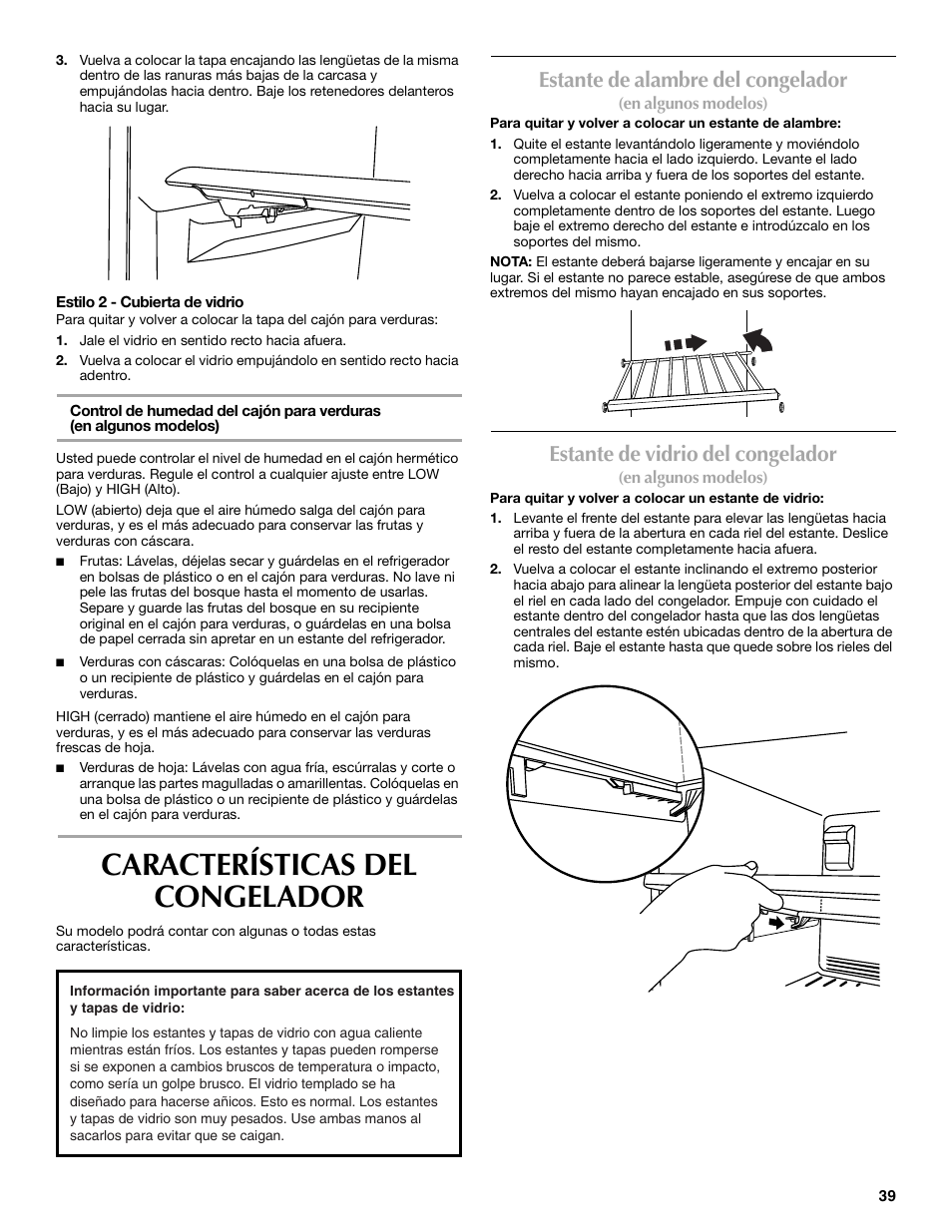 Características del congelador, Estante de alambre del congelador, Estante de vidrio del congelador | Maytag W10359302A User Manual | Page 39 / 74