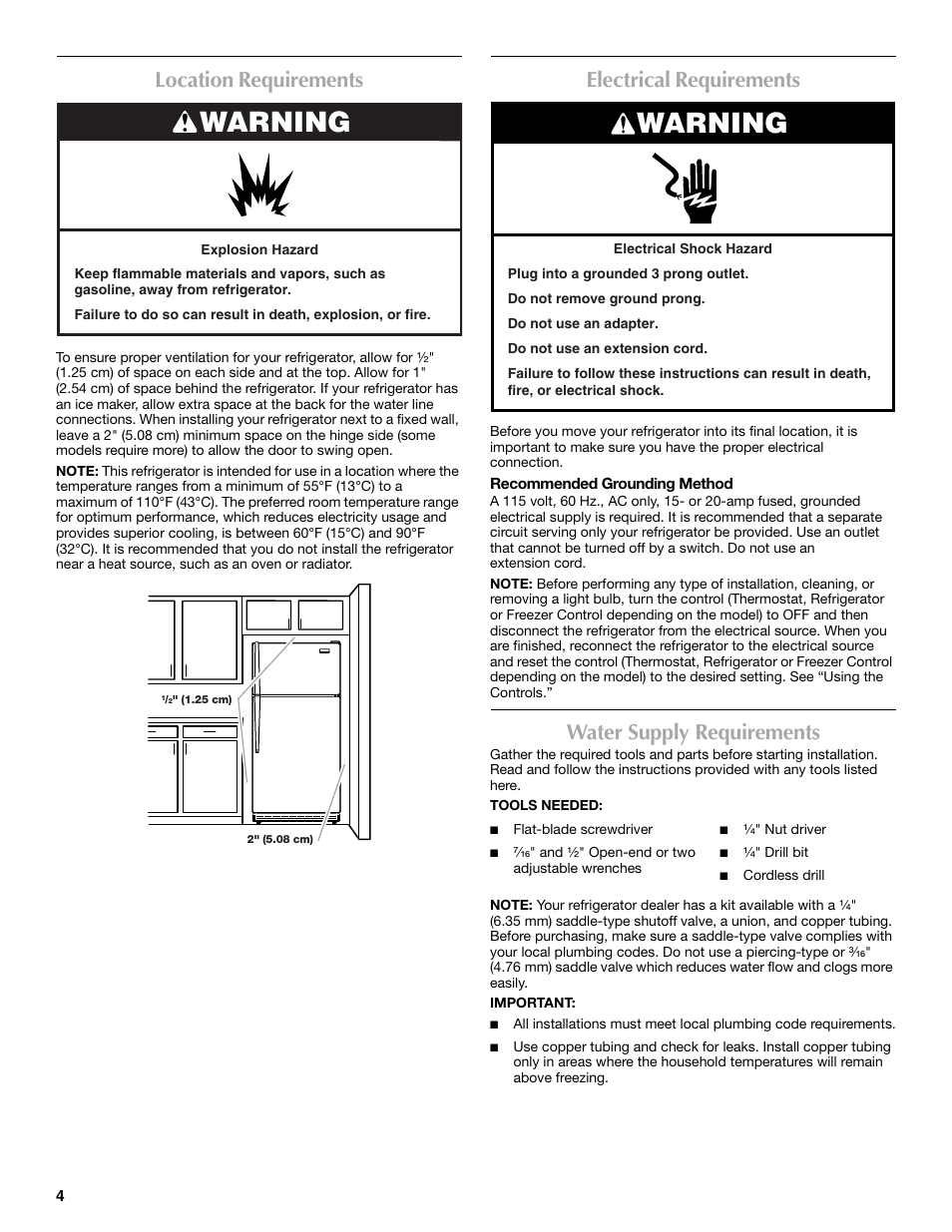Warning, Location requirements, Electrical requirements | Water supply requirements | Maytag W10359302A User Manual | Page 4 / 74