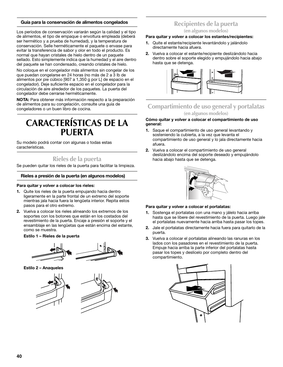 Características de la puerta, Rieles de la puerta, Recipientes de la puerta | Compartimiento de uso general y portalatas | Maytag W10359302A User Manual | Page 40 / 74