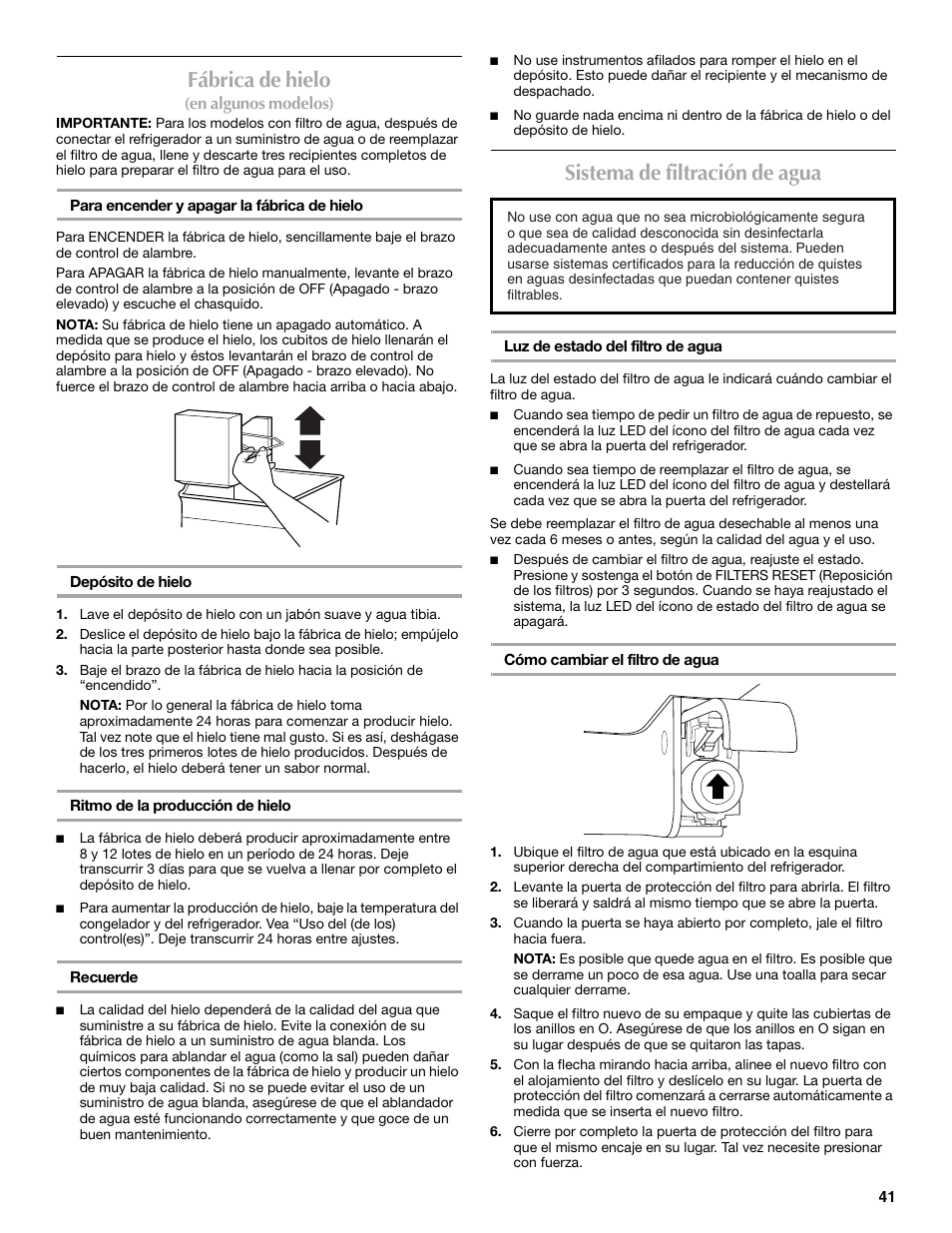 Fábrica de hielo, Sistema de filtración de agua | Maytag W10359302A User Manual | Page 41 / 74