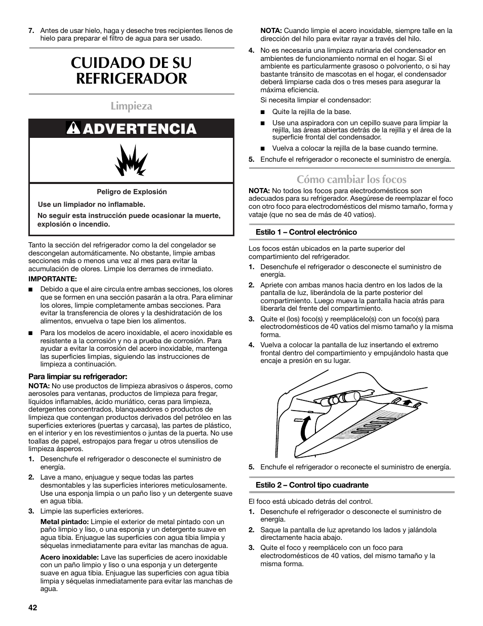 Cuidado de su refrigerador, Advertencia, Limpieza | Cómo cambiar los focos | Maytag W10359302A User Manual | Page 42 / 74