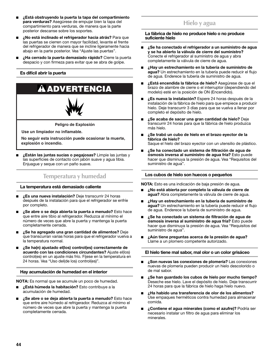 Advertencia, Temperatura y humedad, Hielo y agua | Maytag W10359302A User Manual | Page 44 / 74