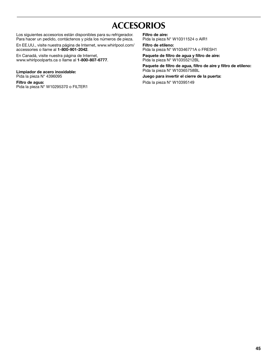 Accesorios | Maytag W10359302A User Manual | Page 45 / 74