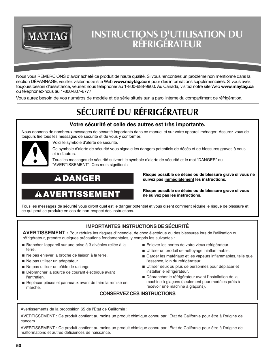 Instructions d'utilisation du réfrigérateur, Sécurité du réfrigérateur, Avertissement danger | Maytag W10359302A User Manual | Page 50 / 74