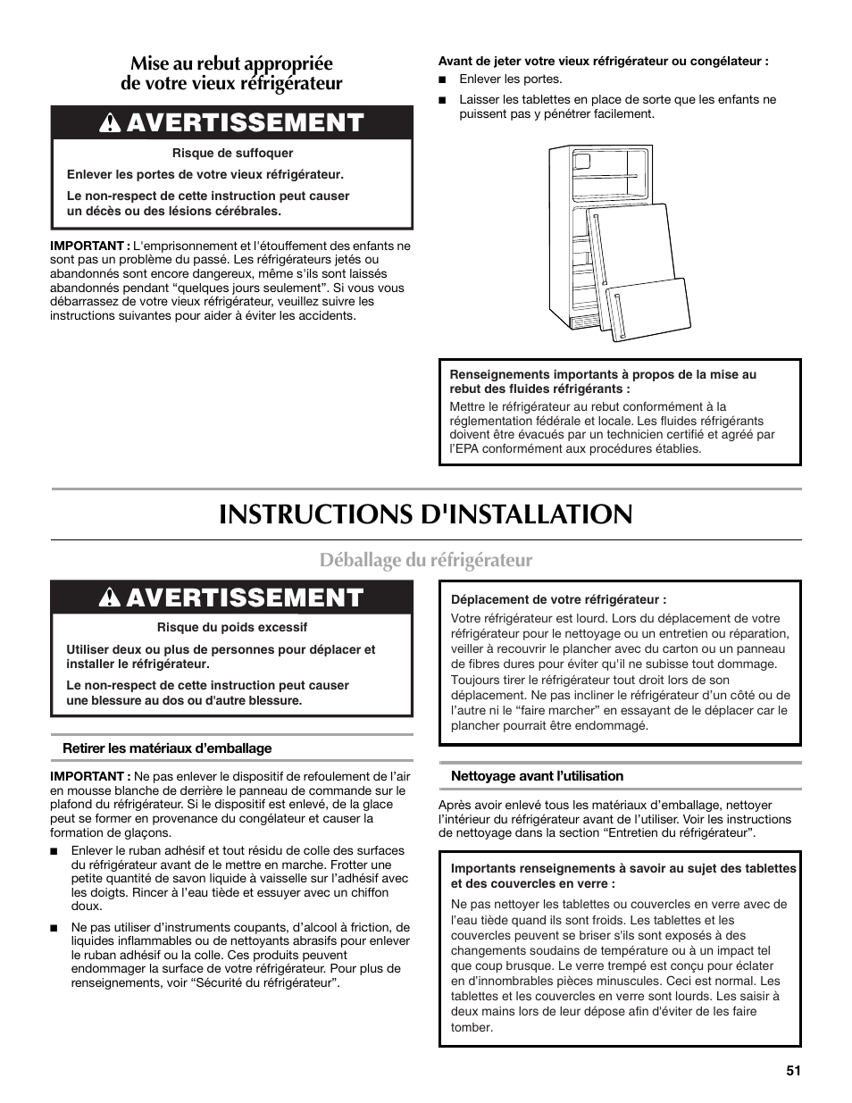 Instructions d'installation, Avertissement, Déballage du réfrigérateur | Maytag W10359302A User Manual | Page 51 / 74