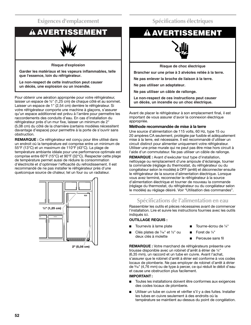 Avertissement, Exigences d'emplacement, Spécifications électriques | Spécifications de l’alimentation en eau | Maytag W10359302A User Manual | Page 52 / 74