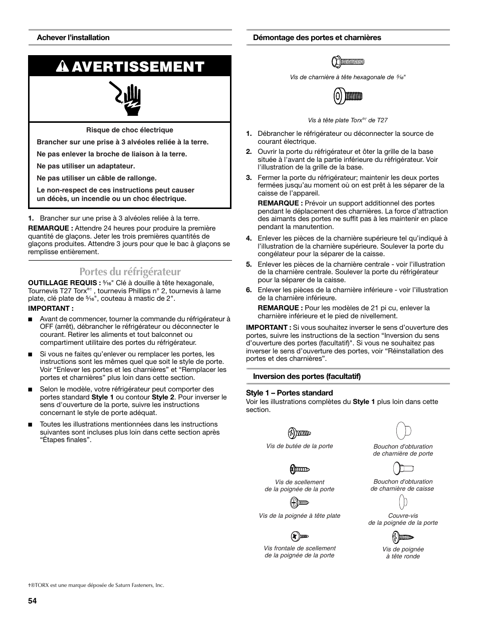 Avertissement, Portes du réfrigérateur | Maytag W10359302A User Manual | Page 54 / 74