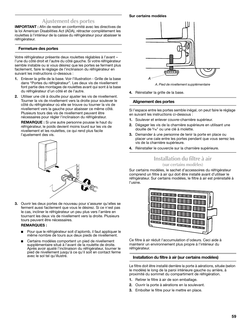 Ajustement des portes, Installation du filtre à air | Maytag W10359302A User Manual | Page 59 / 74
