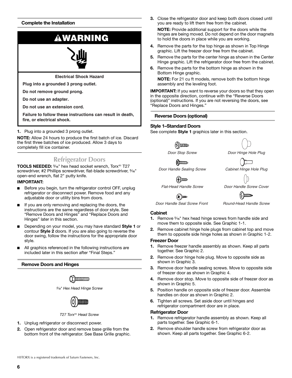 Warning, Refrigerator doors | Maytag W10359302A User Manual | Page 6 / 74
