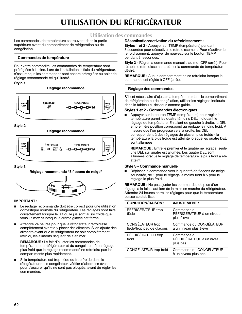 Utilisation du réfrigérateur, Utilisation des commandes | Maytag W10359302A User Manual | Page 62 / 74