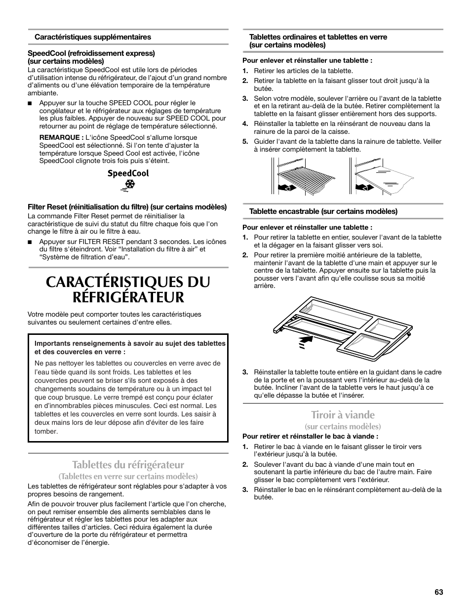 Caractéristiques du réfrigérateur, Tablettes du réfrigérateur, Tiroir à viande | Maytag W10359302A User Manual | Page 63 / 74