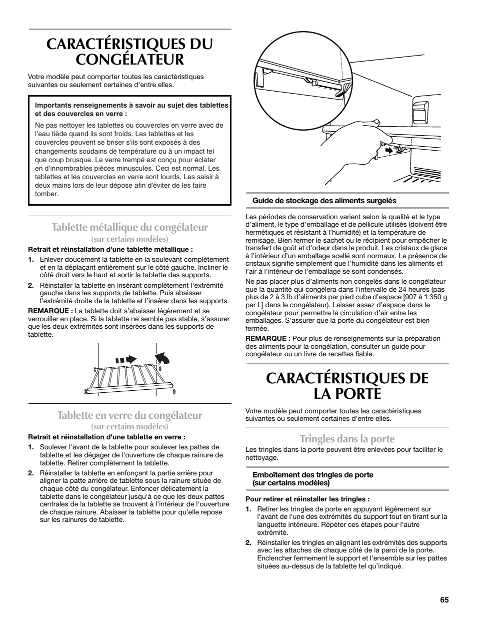 Caractéristiques du congélateur, Caractéristiques de la porte, Tablette métallique du congélateur | Tablette en verre du congélateur, Tringles dans la porte | Maytag W10359302A User Manual | Page 65 / 74