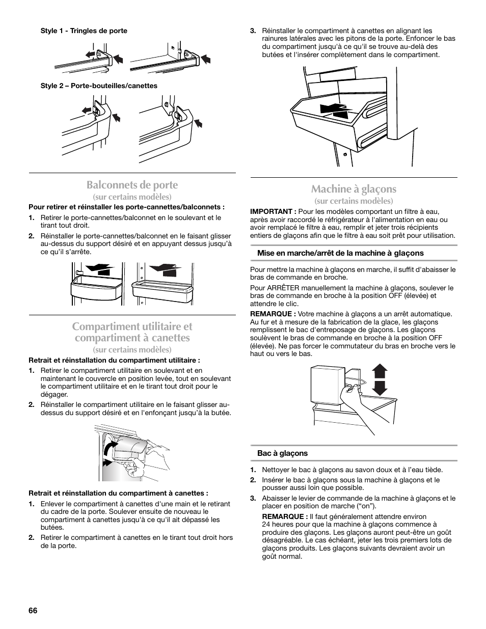 Balconnets de porte, Compartiment utilitaire et compartiment à canettes, Machine à glaçons | Maytag W10359302A User Manual | Page 66 / 74