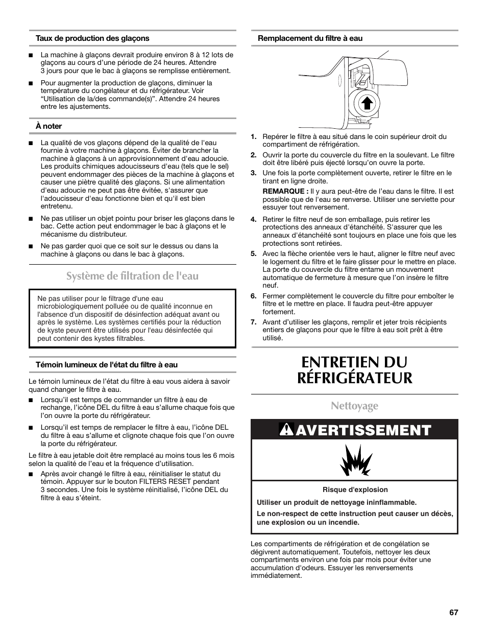 Entretien du réfrigérateur, Avertissement, Système de filtration de l'eau | Nettoyage | Maytag W10359302A User Manual | Page 67 / 74