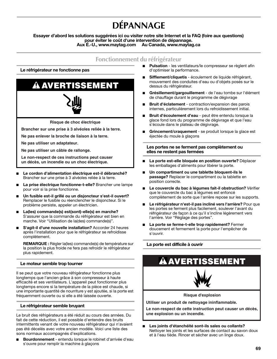 Dépannage, Avertissement, Fonctionnement du réfrigérateur | Maytag W10359302A User Manual | Page 69 / 74