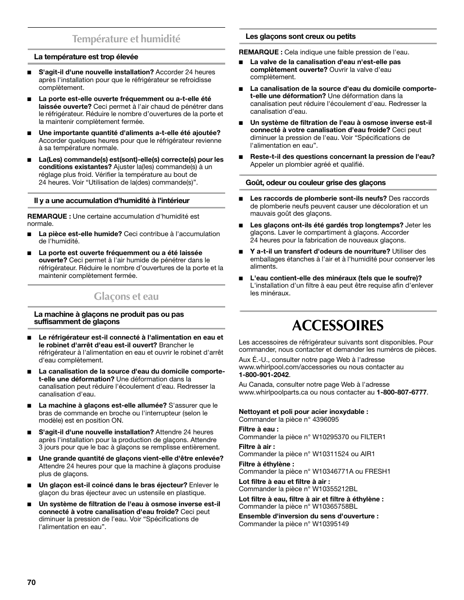 Accessoires, Température et humidité, Glaçons et eau | Maytag W10359302A User Manual | Page 70 / 74