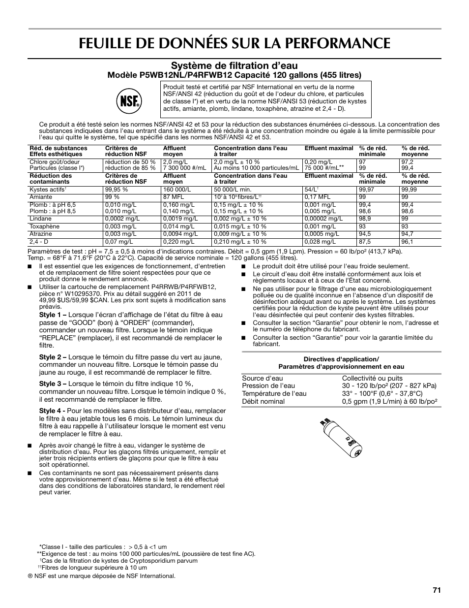Feuille de données sur la performance, Système de filtration d’eau | Maytag W10359302A User Manual | Page 71 / 74