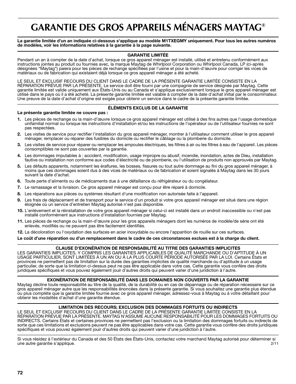Garantie des gros appareils ménagers maytag | Maytag W10359302A User Manual | Page 72 / 74