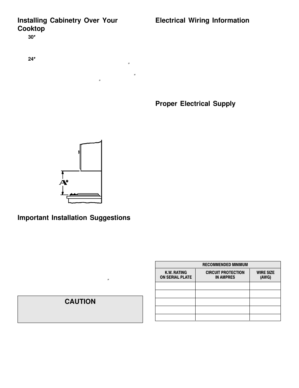 Installing cabinetry over your cooktop, Important installation suggestions, Caution | Electrical wiring information, Proper electrical supply | Maytag MEC5430 User Manual | Page 2 / 9