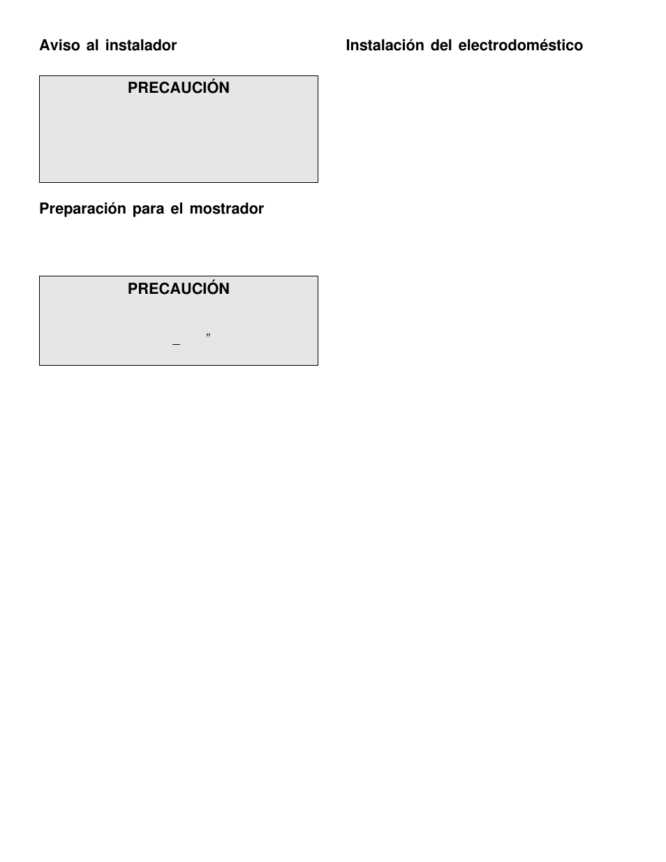 Aviso al instalador, Precaución, Preparación para el mostrador | Instalación del electrodoméstico | Maytag MEC5430 User Manual | Page 6 / 9