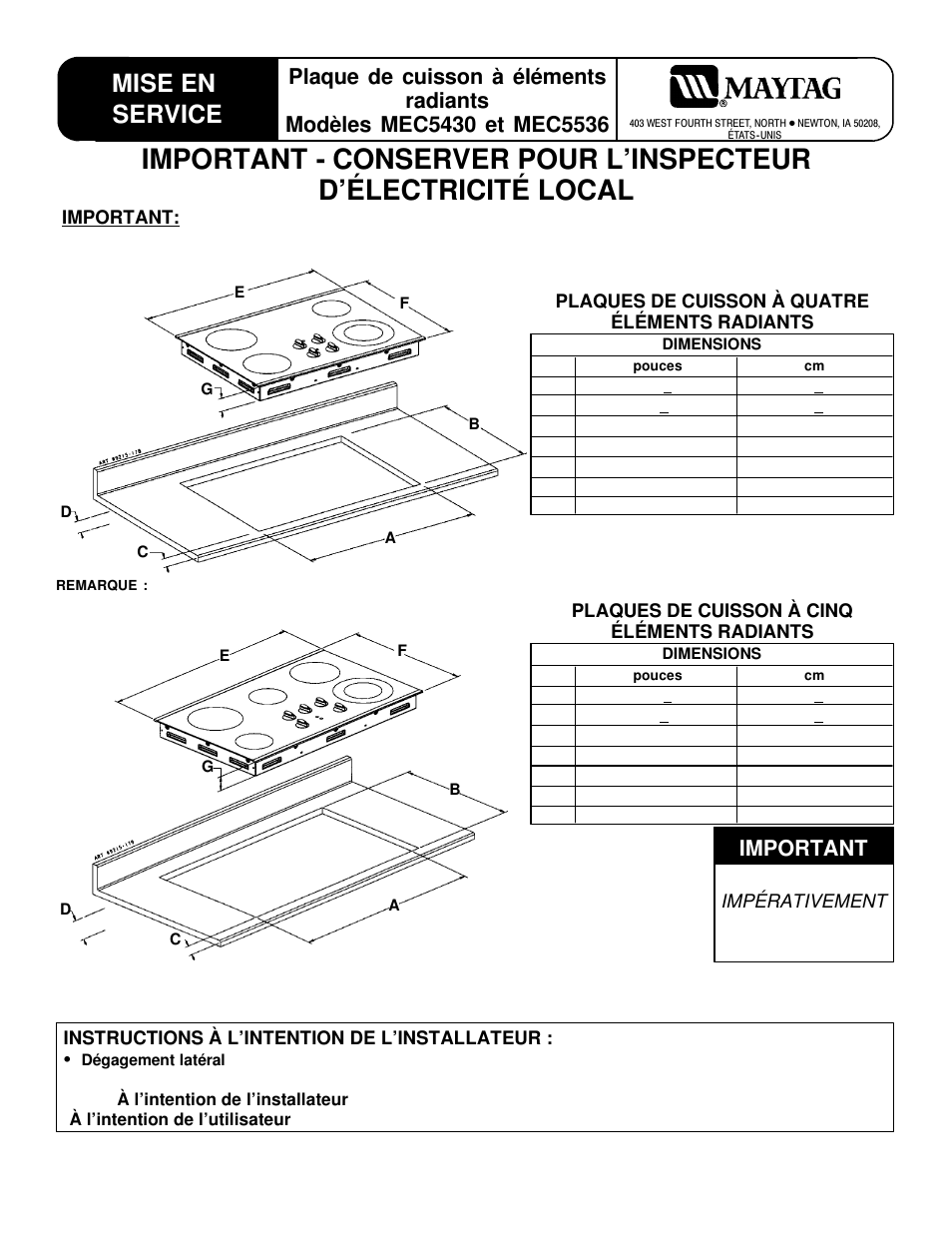 Mise en service, Important | Maytag MEC5430 User Manual | Page 7 / 9