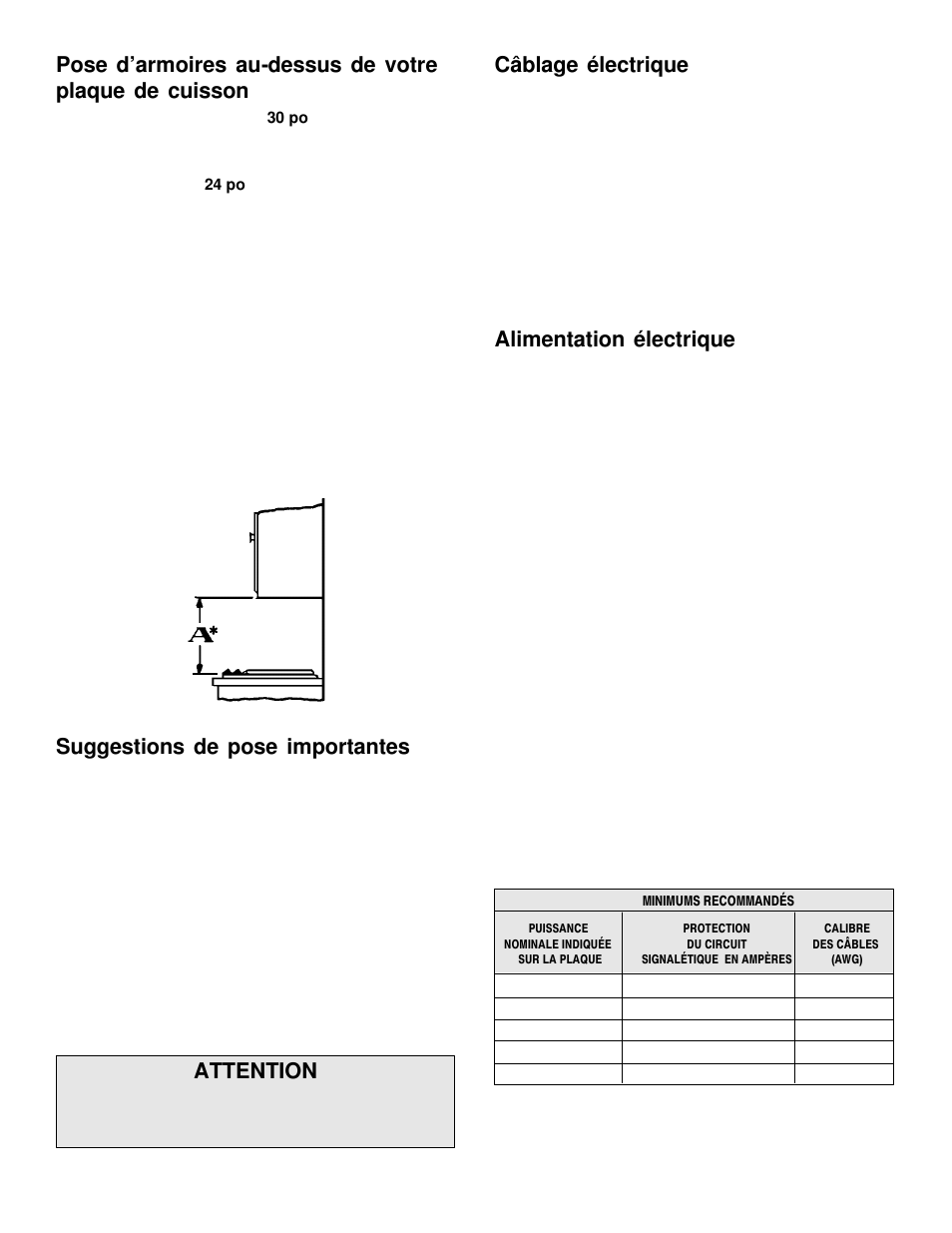 Suggestions de pose importantes, Attention, Câblage électrique | Alimentation électrique | Maytag MEC5430 User Manual | Page 8 / 9