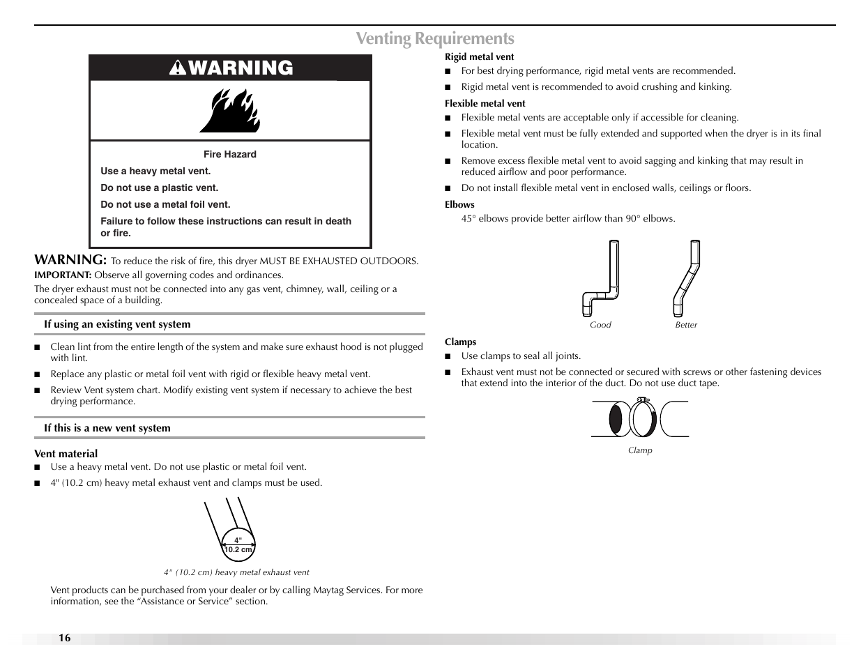 Venting requirements, Warning | Maytag Epic z W10112937A User Manual | Page 16 / 92