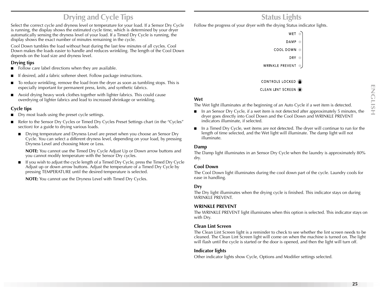 Drying and cycle tips, Status lights | Maytag Epic z W10112937A User Manual | Page 25 / 92