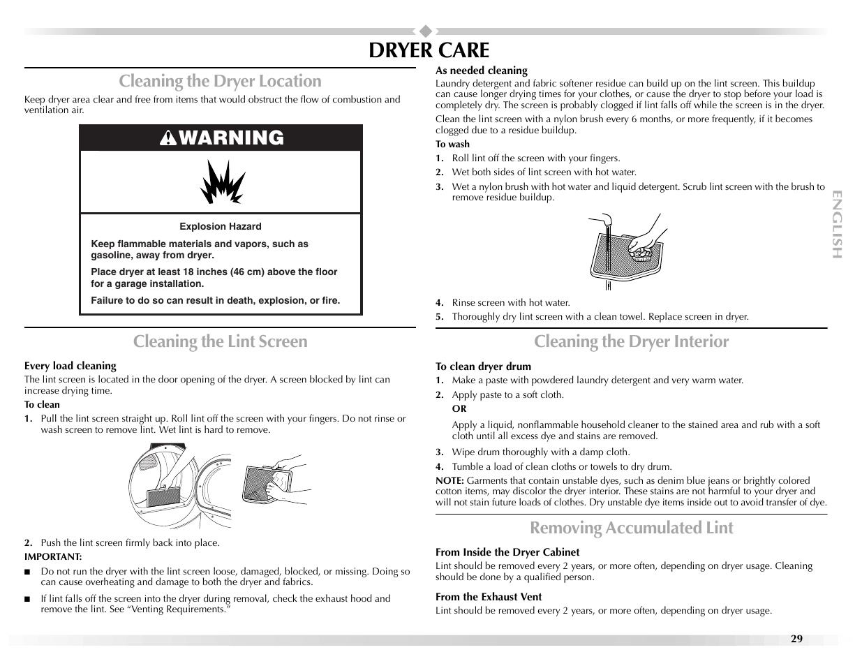 Dryer care, Warning, Cleaning the dryer location | Cleaning the lint screen, Cleaning the dryer interior, Removing accumulated lint | Maytag Epic z W10112937A User Manual | Page 29 / 92