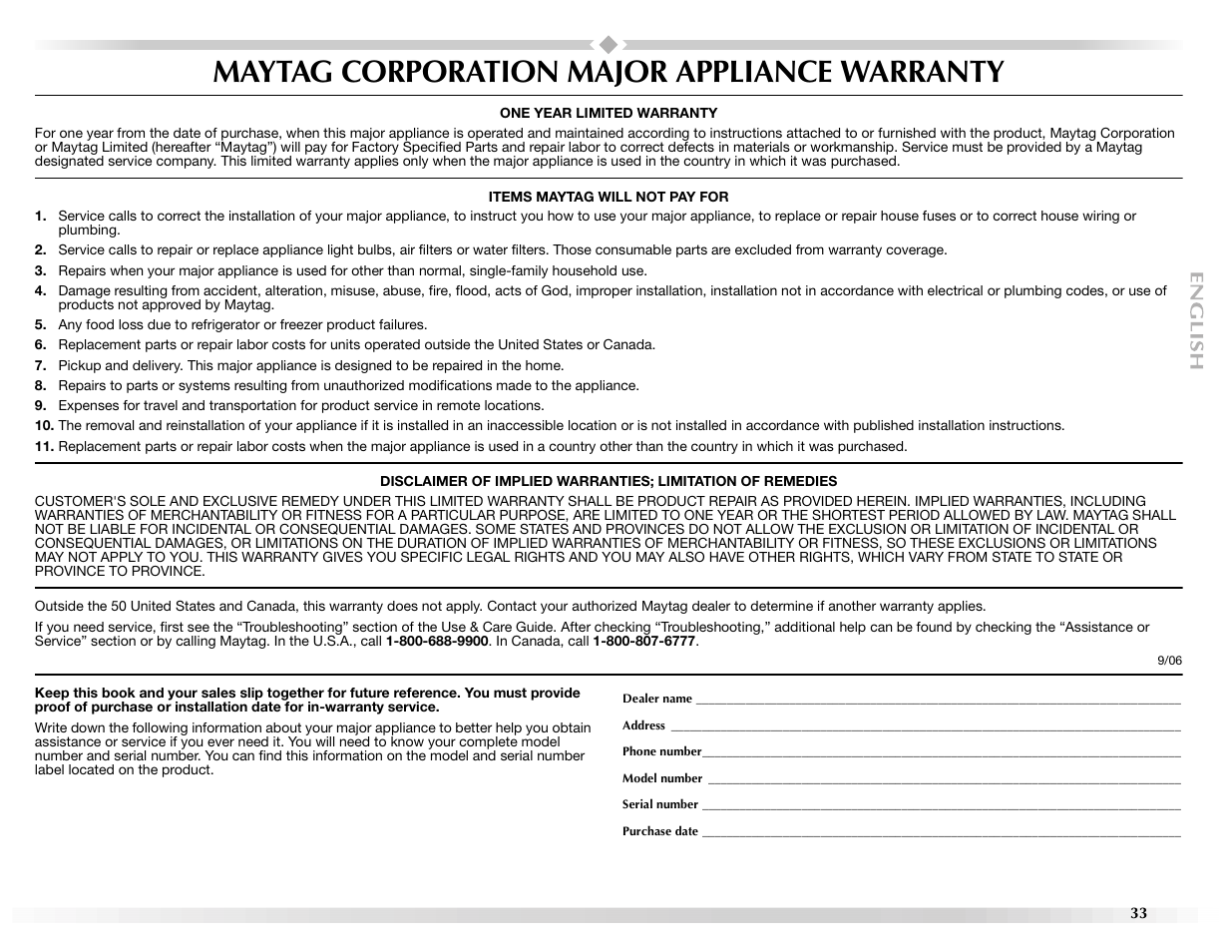 Maytag corporation major appliance warranty | Maytag Epic z W10112937A User Manual | Page 33 / 92