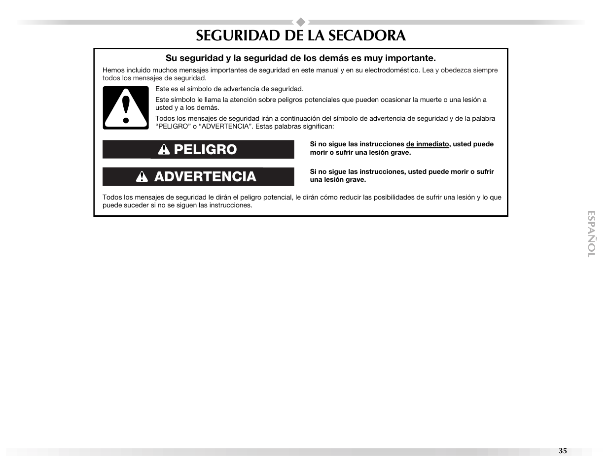 Seguridad de la secadora, Advertencia peligro | Maytag Epic z W10112937A User Manual | Page 35 / 92