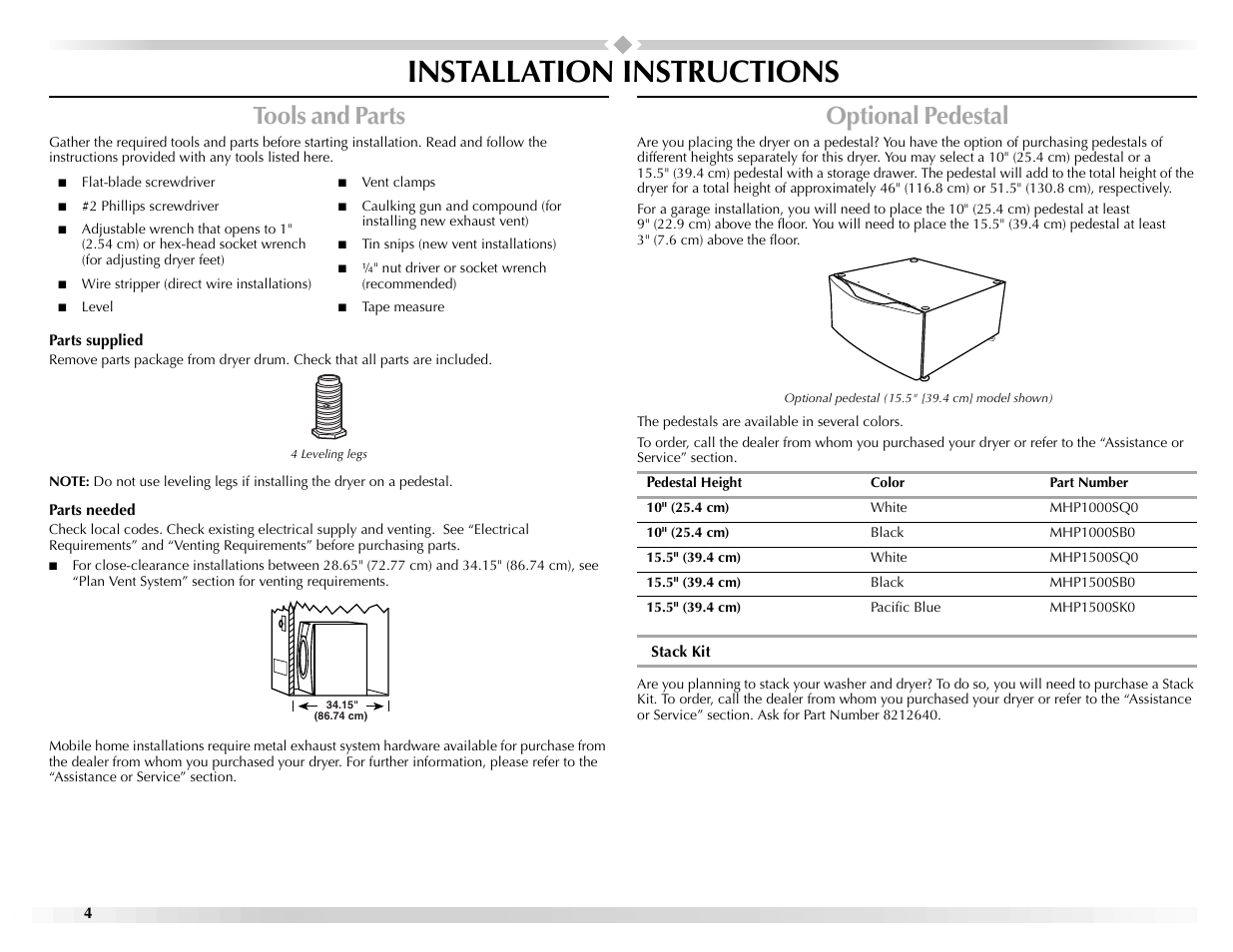 Installation instructions, Tools and parts, Optional pedestal | Maytag Epic z W10112937A User Manual | Page 4 / 92