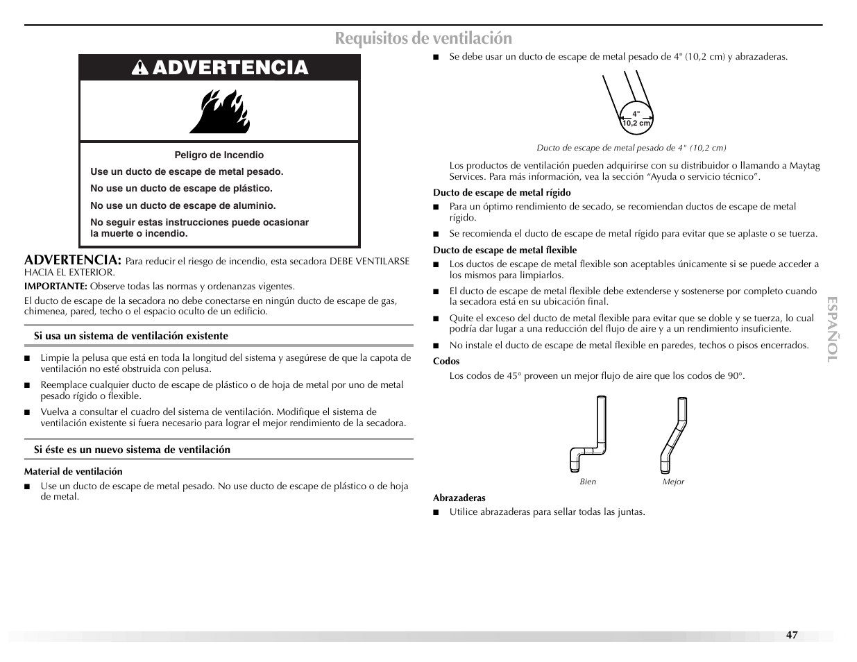 Requisitos de ventilación, Advertencia | Maytag Epic z W10112937A User Manual | Page 47 / 92