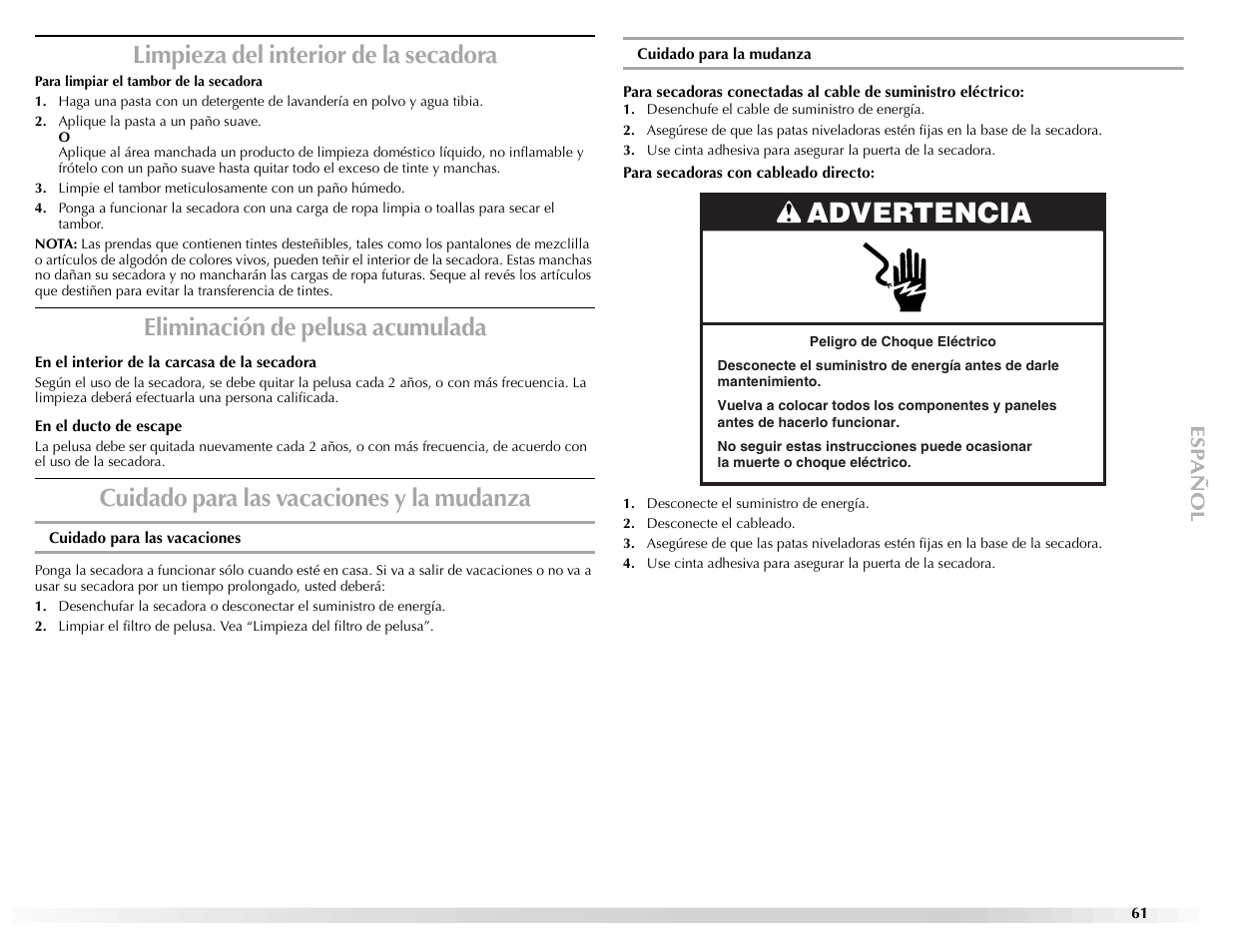Advertencia, Limpieza del interior de la secadora, Eliminación de pelusa acumulada | Cuidado para las vacaciones y la mudanza | Maytag Epic z W10112937A User Manual | Page 61 / 92