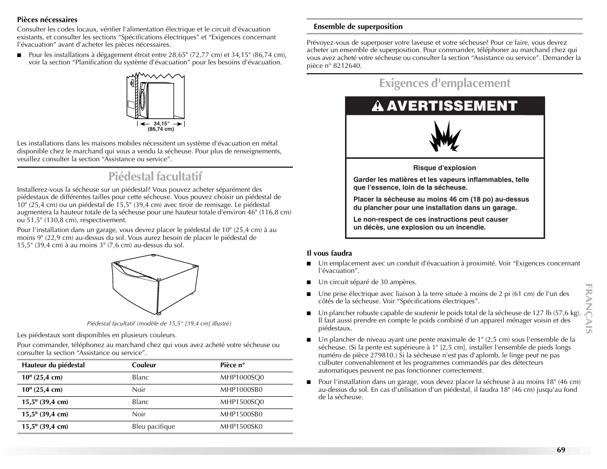 Avertissement, Piédestal facultatif, Exigences d'emplacement | Maytag Epic z W10112937A User Manual | Page 69 / 92