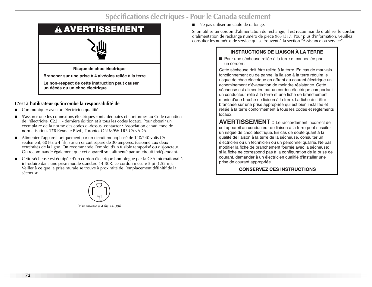 Avertissement | Maytag Epic z W10112937A User Manual | Page 72 / 92