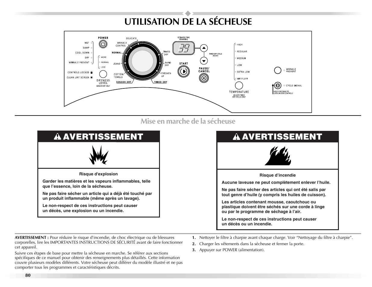 Utilisation de la sécheuse, Avertissement, Mise en marche de la sécheuse | Maytag Epic z W10112937A User Manual | Page 80 / 92