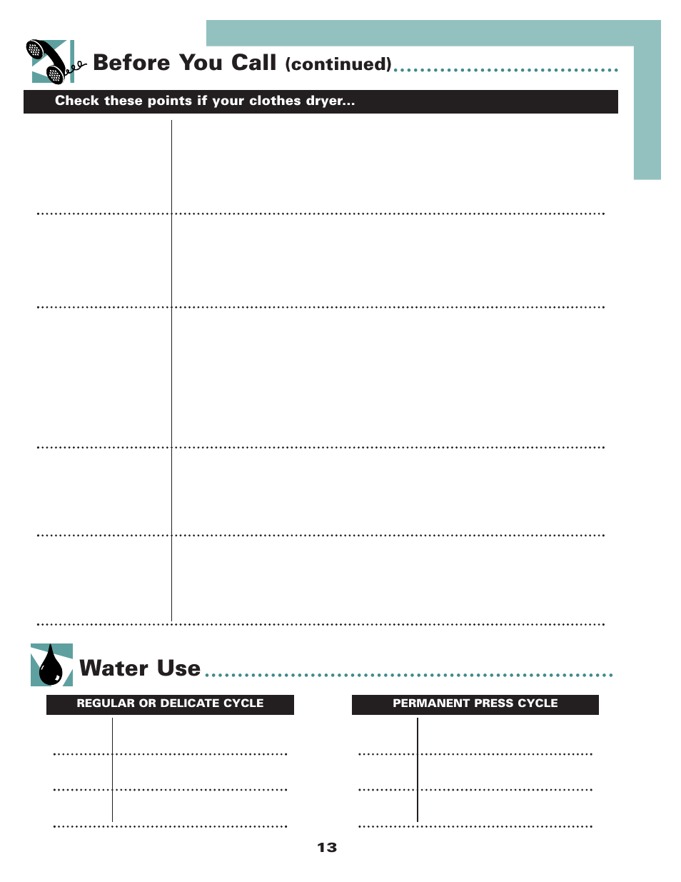 Before you call, Water use, Continued) | Maytag Stacked Laundry User Manual | Page 15 / 16