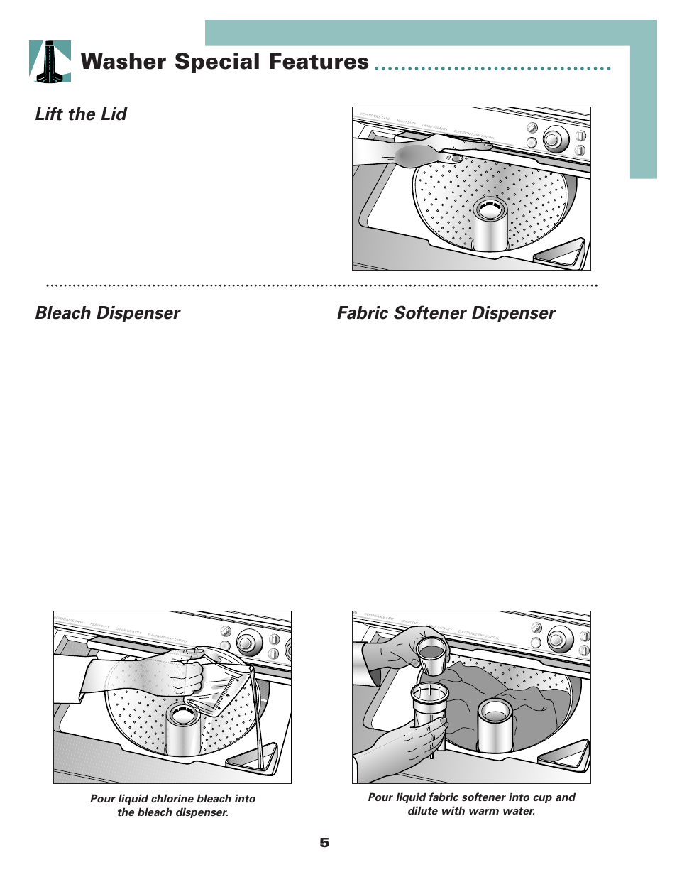 Washer special features, Bleach dispenser, Lift the lid | Fabric softener dispenser | Maytag Stacked Laundry User Manual | Page 7 / 16
