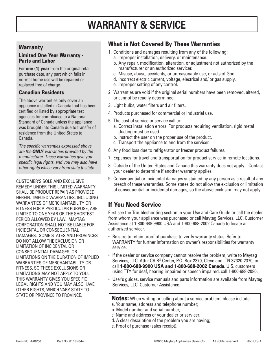 Warranty & service, Warranty, What is not covered by these warranties | If you need service | Maytag 8113P644-60 User Manual | Page 16 / 16