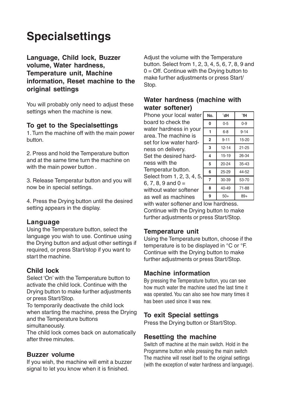 Specialsettings, Language, Child lock | Buzzer volume, Water hardness (machine with water softener), Temperature unit, Machine information, Resetting the machine | Maytag 860S User Manual | Page 15 / 40