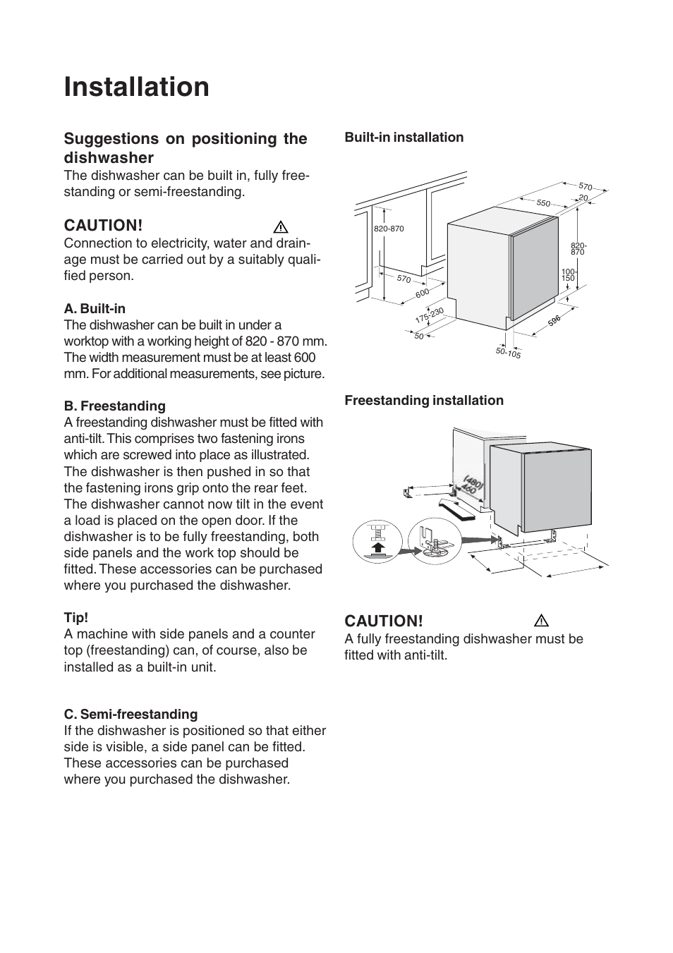 Installation, Suggestions on positioning the dishwasher, Caution | Maytag 860S User Manual | Page 30 / 40